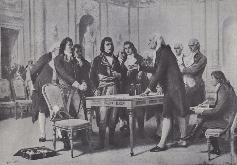 亚历山德罗·沃尔塔（Alessandro Volta）向法国第一领事拿破仑展示他的电池，1801年 作者 朱塞佩·贝蒂尼（Giuseppe Bertini）