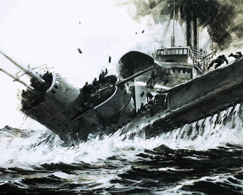 1930 年，在中国海域，2000 吨重的 "玉田 "号蒸汽轮撞上了 "波塞冬 "号潜艇的船舷。 作者 格雷厄姆·科顿