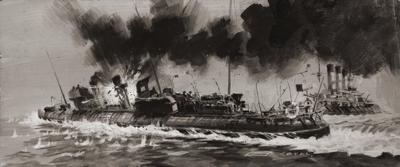 身份不明的一战海军交战（纸面水粉画） 作者 格雷厄姆·科顿