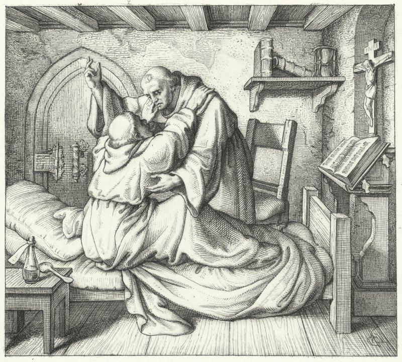 马丁路德在修道院受到精神折磨时得到一位僧侣的安慰（版画） 作者 古斯塔夫·费迪南德·利奥波德·科尼格