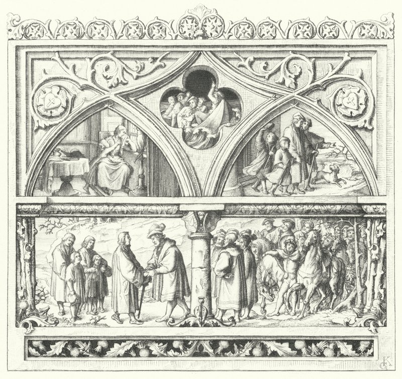 马丁·路德 (Martin Luther) 在前往曼斯菲尔德 (Mansfeld) 的最后一次旅程中告别家人、在路上的生活以及受到曼斯菲尔德伯爵 (Counts of Mansfeld) 的接待（版画） 作者 古斯塔夫·费迪南德·利奥波德·科尼格