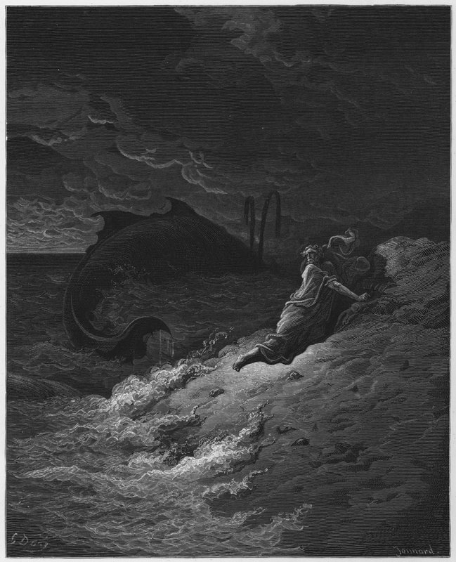 古斯塔夫多尔圣经：约拿在鲸鱼身上施放 作者 古斯塔夫·多尔（Gustave Dore）