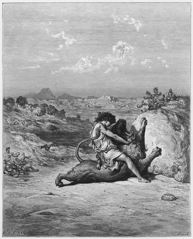 古斯塔夫多尔圣经：参孙屠杀狮子 作者 古斯塔夫·多尔（Gustave Dore）