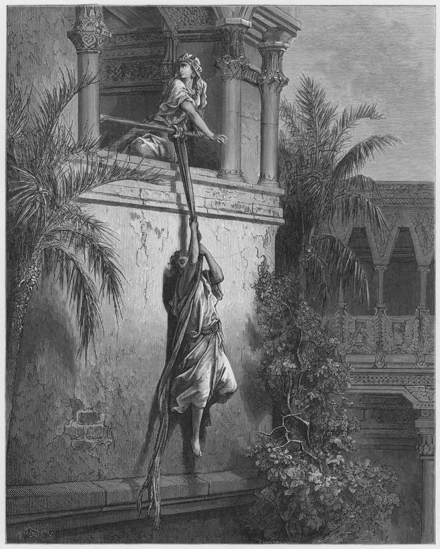 古斯塔夫多尔圣经：大卫通过窗户逃脱 作者 古斯塔夫·多尔（Gustave Dore）