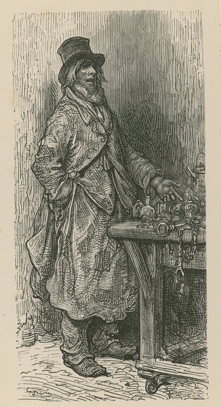 一个男人站在市场摊位卖他的商品 作者 古斯塔夫·多尔（Gustave Dore）