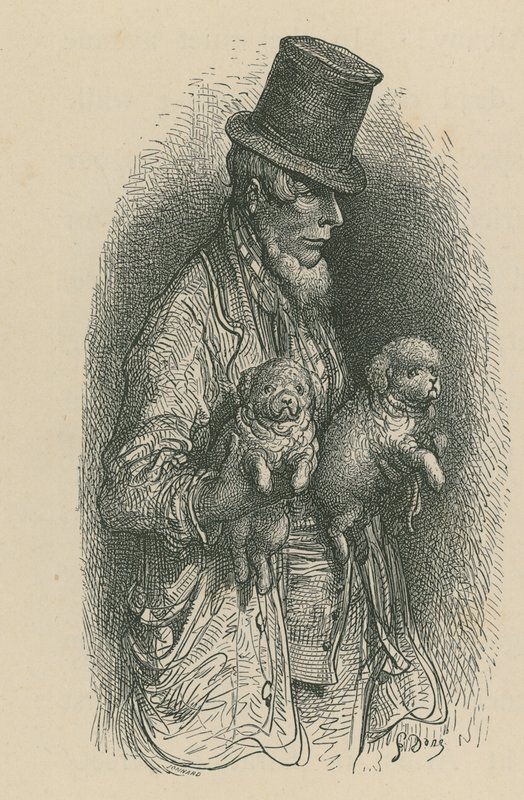 戴顶帽子的一个人，当在他的手上时拿着两条狗 作者 古斯塔夫·多尔（Gustave Dore）