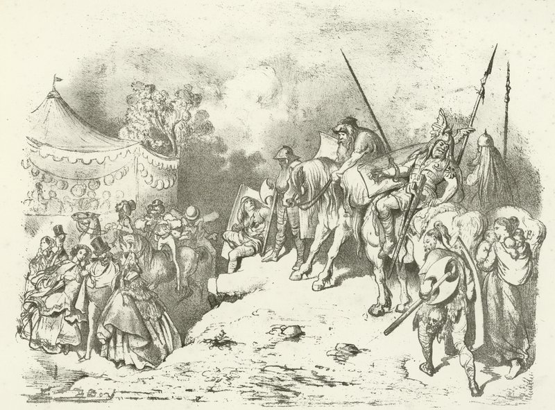 一位古代英国人正在考虑他的后代服装（凹版印刷） 作者 古斯塔夫·多尔（Gustave Dore）