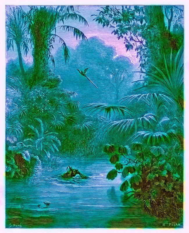 Atala和Chactas穿越河流，来自&39;The Dore Gallery&39;的插图，由Heliodore Joseph Pisan（1822-90）雕刻，出版于1890年（数字增强图像） 作者 古斯塔夫·多尔（Gustave Dore）