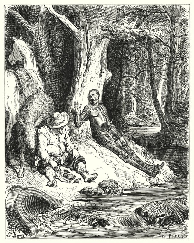 Gustave Dores Don Quixote: "A clear fountain, which Don Quixote and Sancho found among some verdant trees, served to refresh them" (engraving) 作者 古斯塔夫·多尔（Gustave Dore）