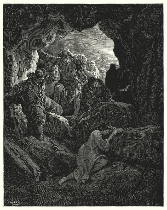 Gustave Dores Don Quixote: "A party with officers is sent out ... who find the poor fond Leandra in a cave of one of the mountains" (engraving) 作者 古斯塔夫·多尔（Gustave Dore）
