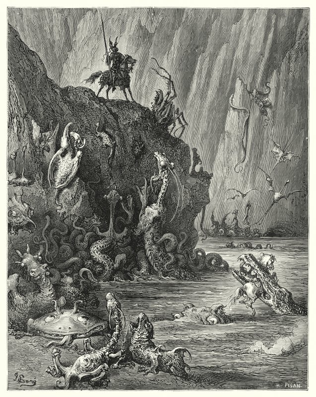 古斯塔夫·多尔 (Gustave Dore) 的《堂吉诃德》：“一个巨大的沸腾的沥青湖，其中无数凶猛可怕的生物来回穿梭”（版画） 作者 古斯塔夫·多尔（Gustave Dore）