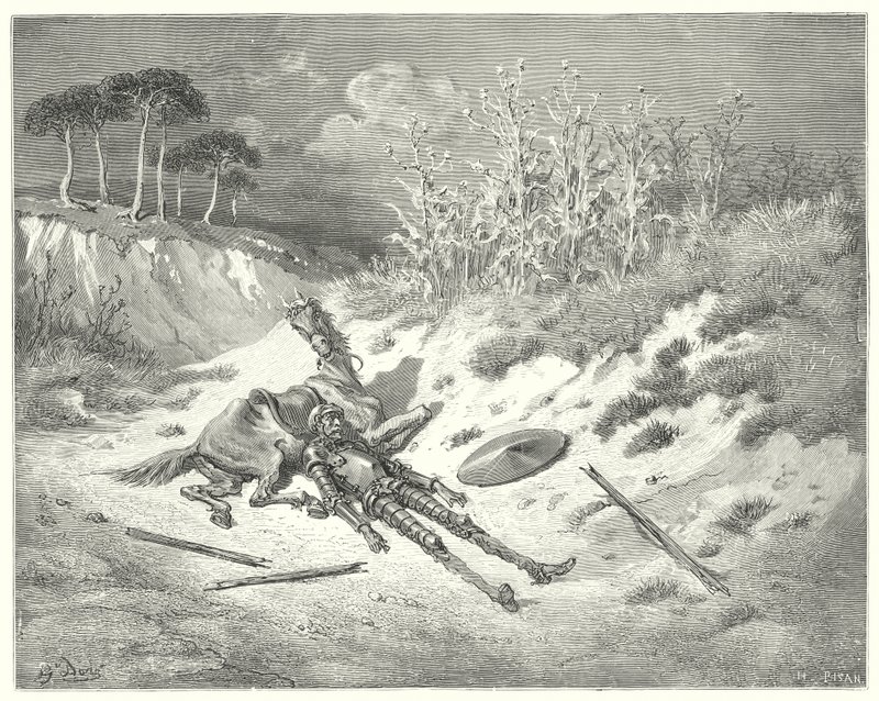 古斯塔夫·多尔 (Gustave Dore) 的《堂吉诃德》：“唉！亲爱的女士，你在哪儿呢，难道你不为我的悲哀而呻吟吗？” （雕刻） 作者 古斯塔夫·多尔（Gustave Dore）