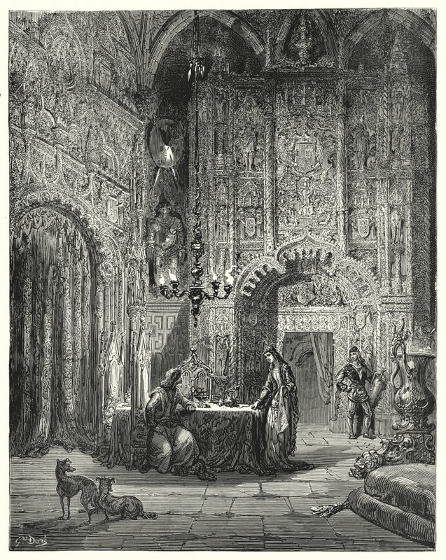 Gustave Dores Don Quixote: "Another damsel comes into the room, and begins to inform him what castle that is, and how she is enchanted in it" (engraving) 作者 古斯塔夫·多尔（Gustave Dore）