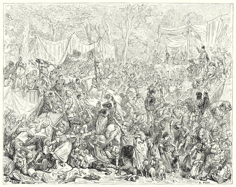 古斯塔夫·多尔 (Gustave Dore) 的《堂吉诃德》：“堂吉诃德在卡马乔和基特里亚的婚礼上的到来”（版画） 作者 古斯塔夫·多尔（Gustave Dore）