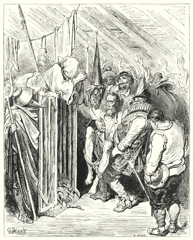 古斯塔夫·多尔 (Gustave Dore) 的《唐吉诃德》(Don Quixote)：“可悲人物的骑士啊，在您被监禁时不要不耐烦”（版画） 作者 古斯塔夫·多尔（Gustave Dore）