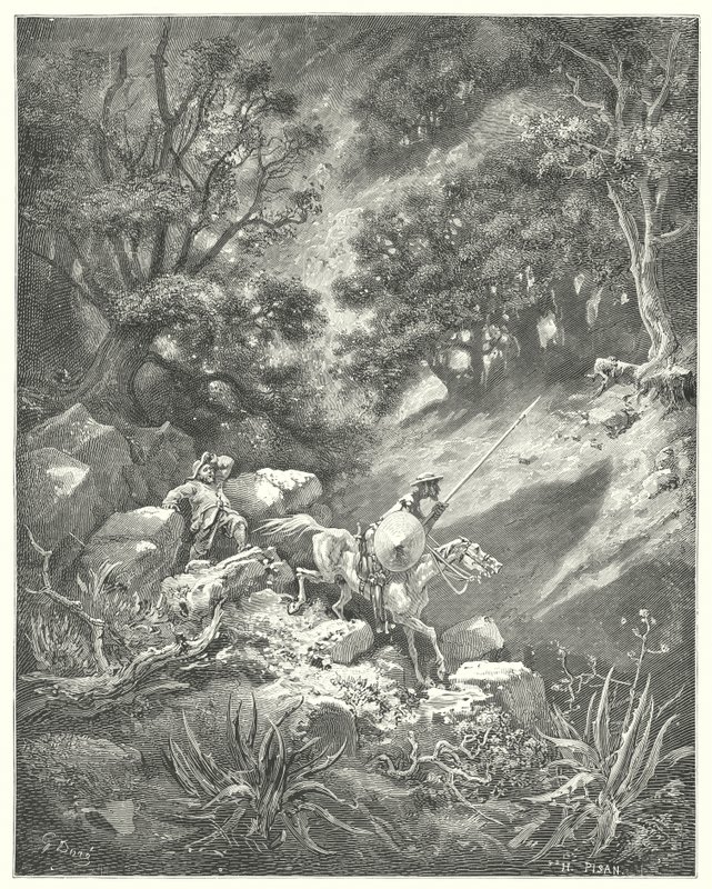 古斯塔夫·多尔 (Gustave Dore) 的《堂吉诃德》(Don Quixote)：“但是请祈祷，先生，”桑乔引述道，“说我们要在这片岩石荒野中，在灌木丛和荆棘丛中来回徘徊，这是否是一项很好的骑士精神？” （雕刻） 作者 古斯塔夫·多尔（Gustave Dore）