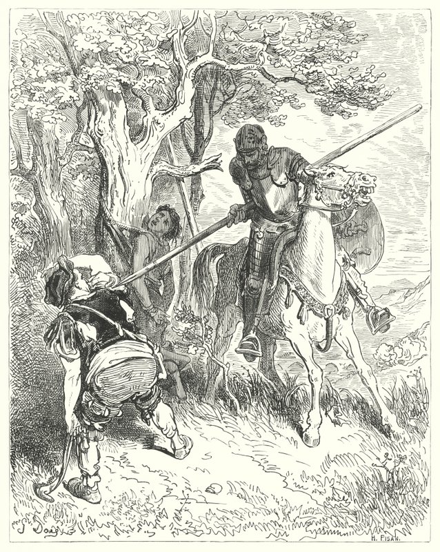 古斯塔夫·多尔 (Gustave Dore) 的《唐吉诃德》：“在灿烂的阳光下，我很想用我的长矛穿过你的身体”（雕刻） 作者 古斯塔夫·多尔（Gustave Dore）