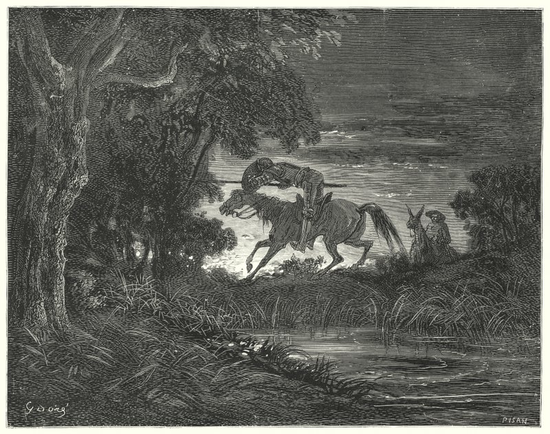 古斯塔夫·多尔 (Gustave Dore) 的《唐吉诃德》：“唐吉诃德伴随着他勇敢的心，扑向罗齐南特”（版画） 作者 古斯塔夫·多尔（Gustave Dore）