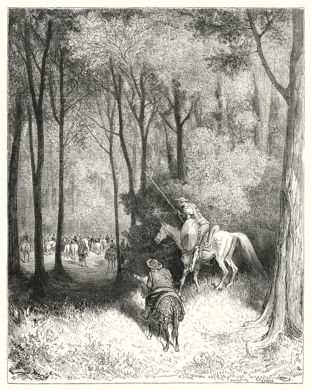 古斯塔夫·多尔 (Gustave Dore) 的《唐吉诃德》：“唐吉诃德描述了一家公司，在近距离观察时，他认为该公司是有品质的人”（版画） 作者 古斯塔夫·多尔（Gustave Dore）