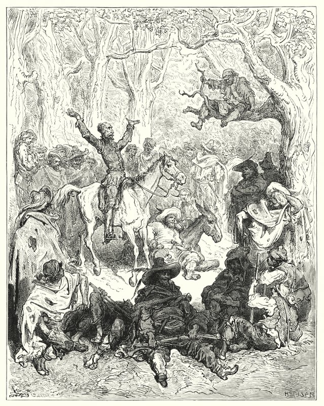 古斯塔夫·多尔 (Gustave Dore) 的《堂吉诃德》：“堂吉诃德骑在罗齐南特 (Rozinante) 上，大声疾呼反对他们的生活方式”（版画） 作者 古斯塔夫·多尔（Gustave Dore）