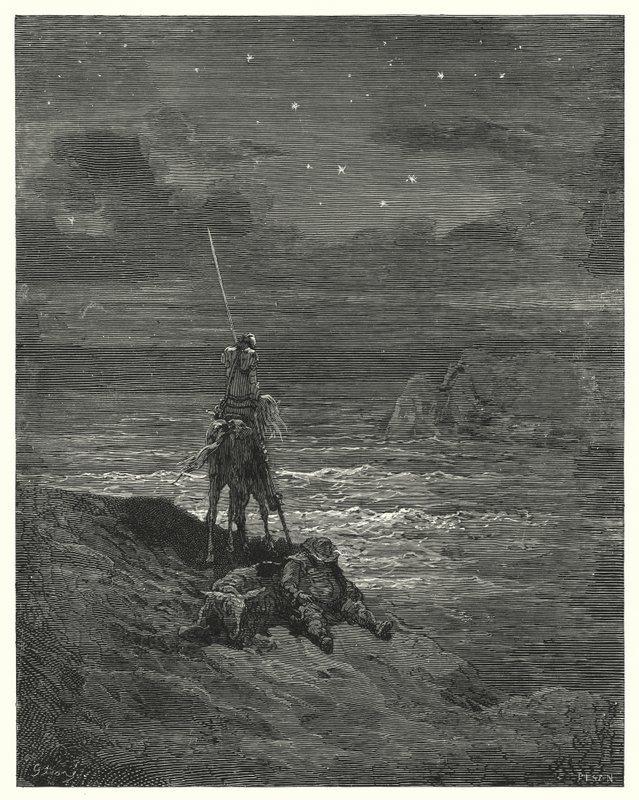 古斯塔夫·多尔 (Gustave Dore) 的《唐吉诃德》：“唐吉诃德留在那里，等待天亮”（雕刻） 作者 古斯塔夫·多尔（Gustave Dore）