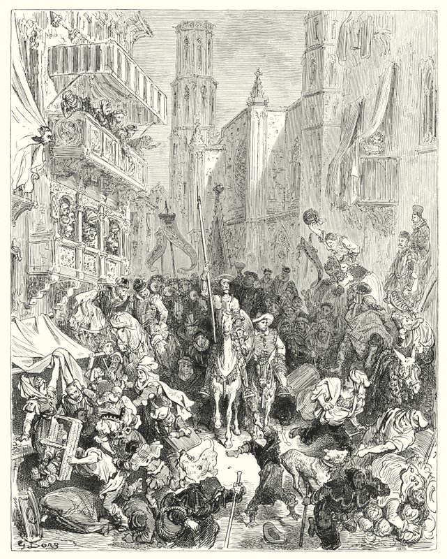 Gustave Dores Don Quixote: "Enclosing him in the middle of their brigade, they conducted him towards the city" (engraving) 作者 古斯塔夫·多尔（Gustave Dore）