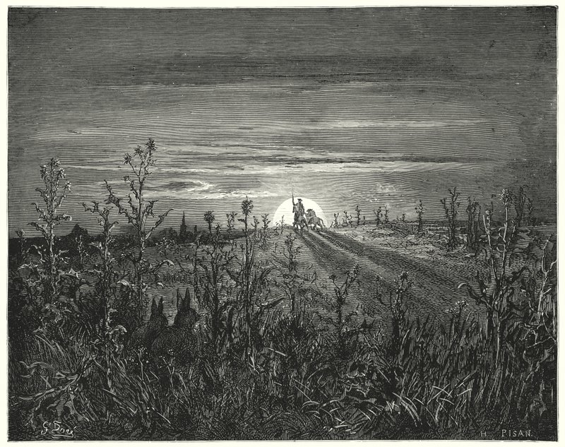 Gustave Dores Don Quixote: "Friend Sancho," said Don Quixote, "I find the approaching night will overtake us ere we can reach Toboso" (engraving) 作者 古斯塔夫·多尔（Gustave Dore）