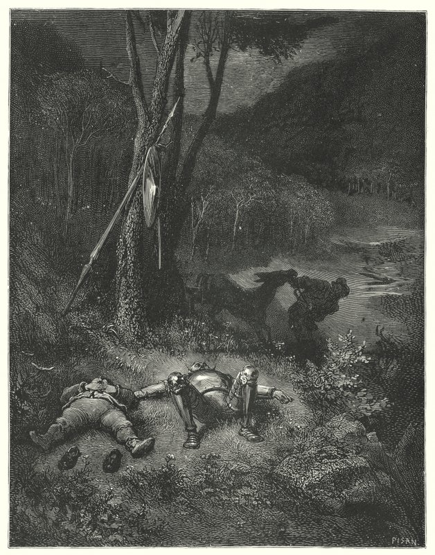 古斯塔夫·多尔 (Gustave Dore) 的唐吉诃德 (Don Quixote)：“对感恩和人性都陌生的吉内斯 (Gines) 决心骑走桑乔的屁股”（版画） 作者 古斯塔夫·多尔（Gustave Dore）