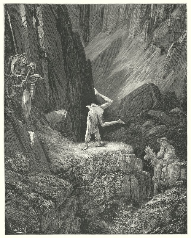 Gustave Dores Don Quixote: "He gave two or three frisks in the air, and then pitching on his hands, he fetched his heels over his head twice together" (engraving) 作者 古斯塔夫·多尔（Gustave Dore）