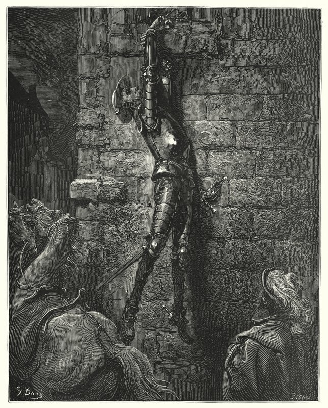 古斯塔夫·多尔 (Gustave Dore) 的《唐吉诃德》(Don Quixote)：“他的手腕没有牢牢系在绳子上，不可避免地倒在地上”（雕刻） 作者 古斯塔夫·多尔（Gustave Dore）