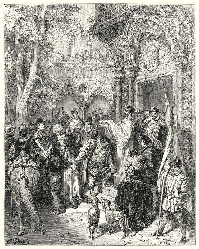 古斯塔夫·多尔 (Gustave Dore) 的《唐吉诃德》：“他在离别时亲吻了公爵和公爵夫人的手，并收到了主人的祝福”（版画） 作者 古斯塔夫·多尔（Gustave Dore）