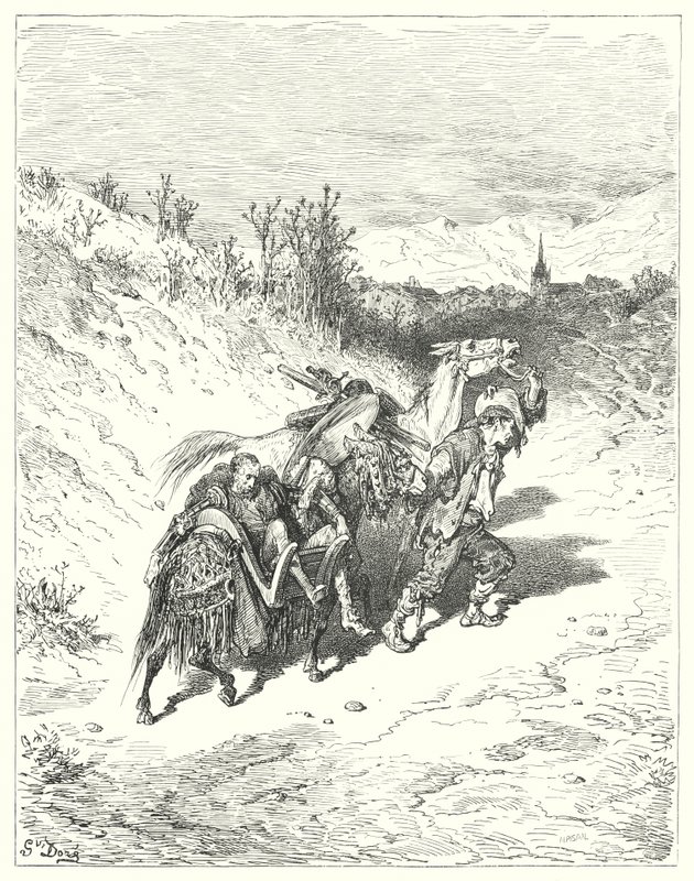 古斯塔夫·多尔 (Gustave Dore) 的唐吉诃德 (Don Quixote)：“他带领他们所有人向村子走去，自己艰难地走了一英尺，非常沉思”（版画） 作者 古斯塔夫·多尔（Gustave Dore）