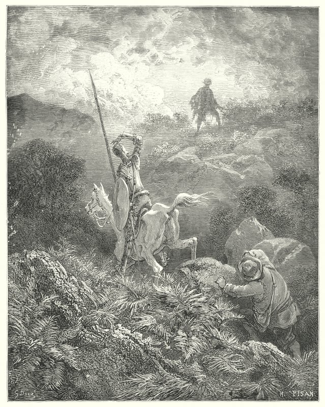 Gustave Dores Don Quixote: "He spied upon the top of a stony crag just before him a man that skipped from rock to rock with wonderful agility" (engraving) 作者 古斯塔夫·多尔（Gustave Dore）