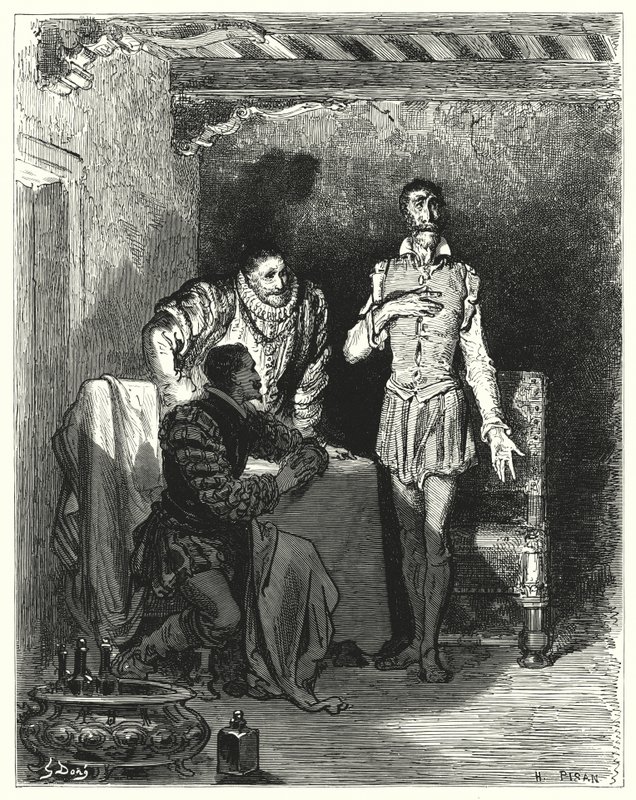 古斯塔夫·多尔 (Gustave Dore) 的《唐吉诃德》：“他向先生们讲述了她被施了魔法的整个故事”（版画） 作者 古斯塔夫·多尔（Gustave Dore）