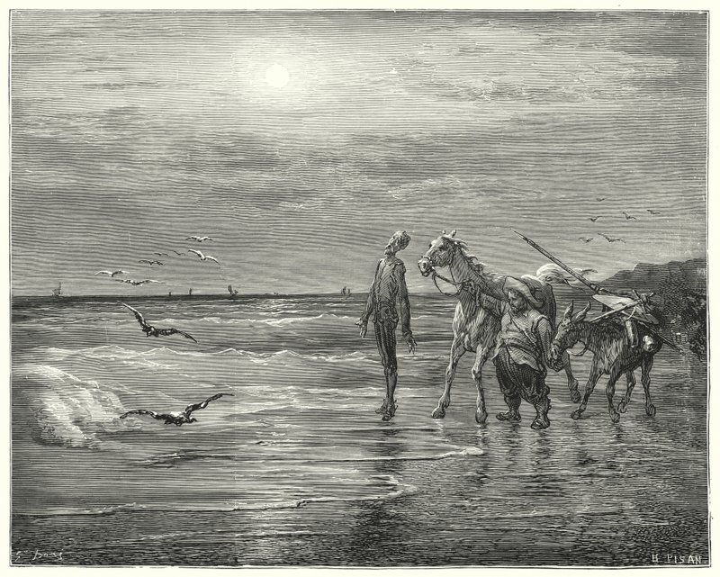 古斯塔夫·多尔 (Gustave Dore) 的《唐吉诃德》：“‘我的幸福就此落下，再也不会升起’”（版画） 作者 古斯塔夫·多尔（Gustave Dore）