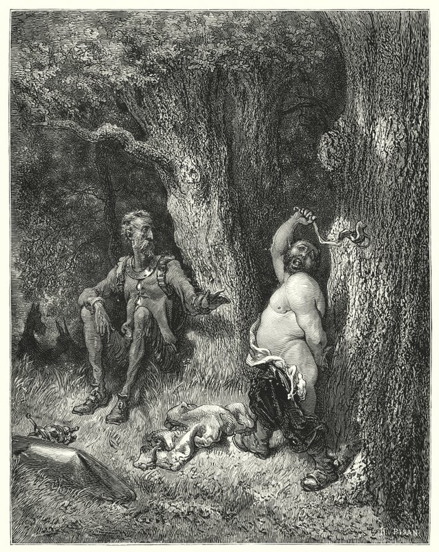 古斯塔夫·多尔 (Gustave Dore) 的《唐吉诃德》：“‘等一下！’ 他喊道；“朋友桑乔，不要让你的手臂发怒”（版画） 作者 古斯塔夫·多尔（Gustave Dore）