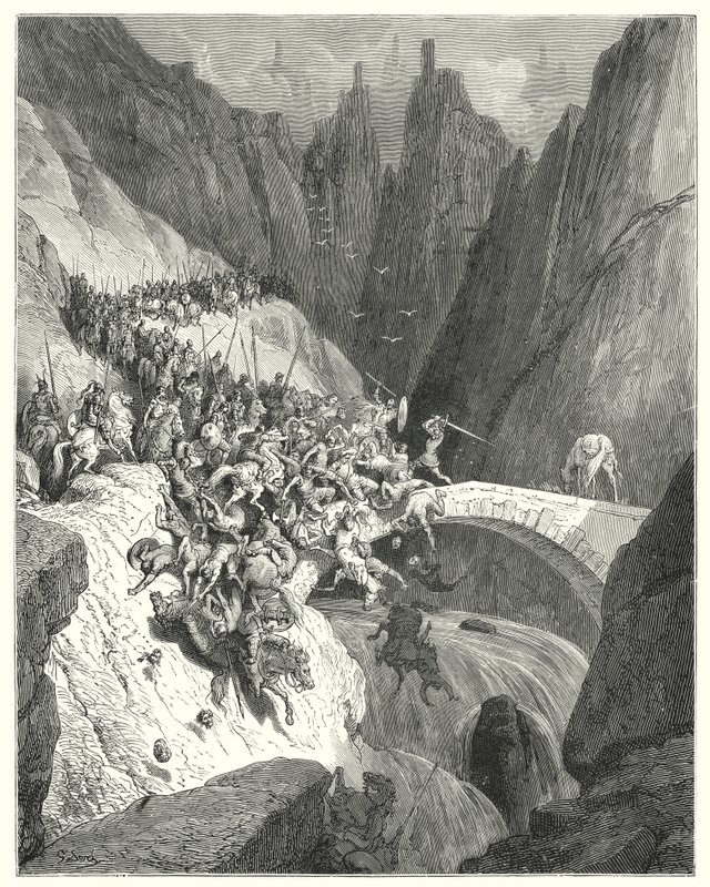 古斯塔夫·多尔 (Gustave Dore) 的《唐吉诃德》：“唐·迭戈·加西亚 (Don Diego Garcia) 如何用他的独力保卫一座桥梁，抵御一支强大的军队”（版画） 作者 古斯塔夫·多尔（Gustave Dore）