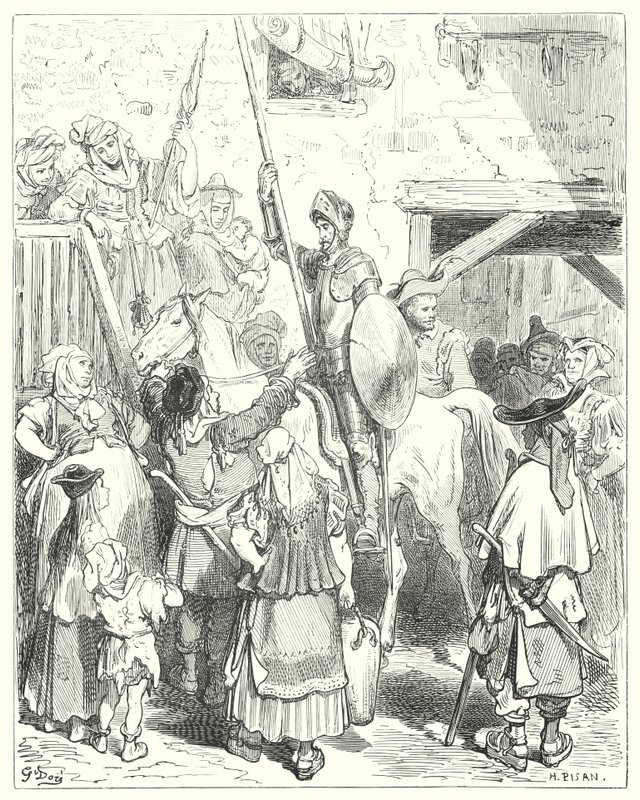 古斯塔夫·多尔（Gustave Dore）的《堂吉诃德》：“这一切与我无关，”客栈老板喊道。 “付你的账”（雕刻） 作者 古斯塔夫·多尔（Gustave Dore）