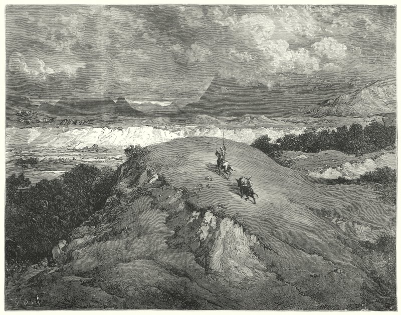 古斯塔夫·多尔 (Gustave Dore) 的《唐吉诃德》：“我们的两个旅行者到达山上最沙漠的地方是晚上”（雕刻） 作者 古斯塔夫·多尔（Gustave Dore）
