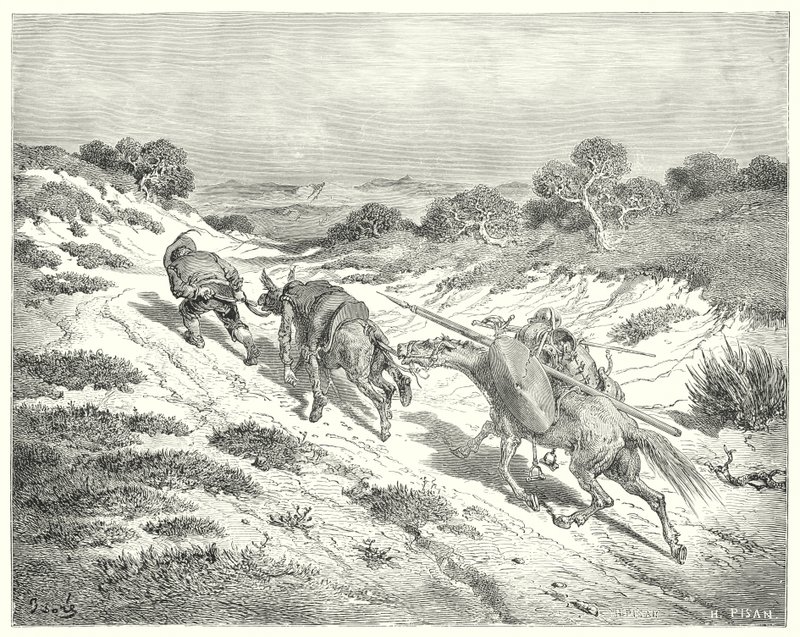 古斯塔夫·多尔 (Gustave Dore) 的《唐吉诃德》：“他用缰绳牵着驴子，走他能猜到的最近的路”（版画） 作者 古斯塔夫·多尔（Gustave Dore）