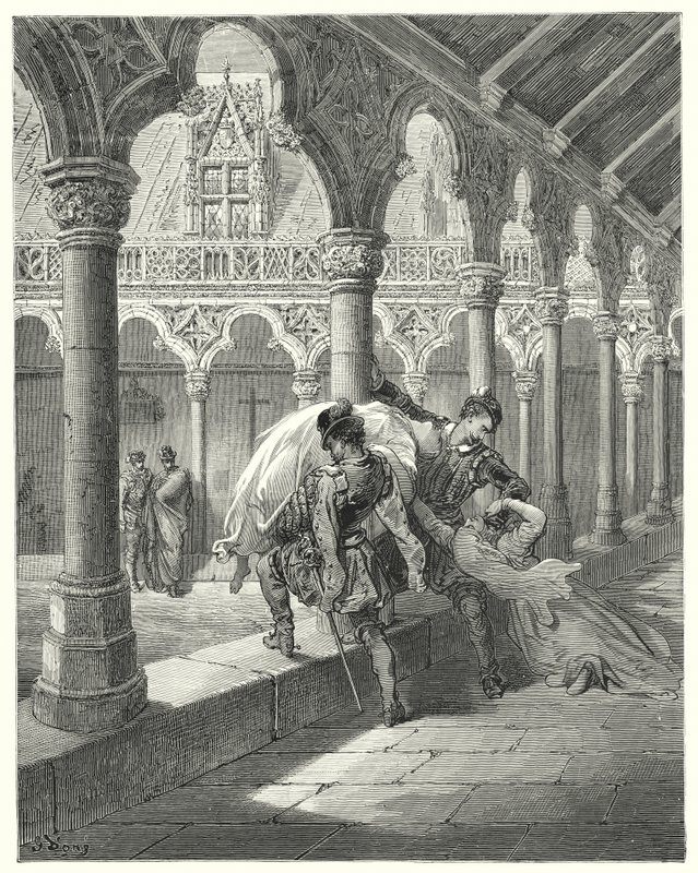 古斯塔夫·多尔 (Gustave Dore) 的《唐吉诃德》(Don Quixote)：“露辛达 (Lucinda) 发现自己处于他的掌控之中，陷入了昏迷”（版画） 作者 古斯塔夫·多尔（Gustave Dore）