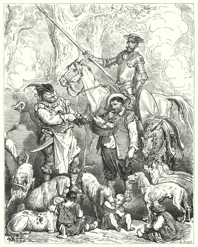古斯塔夫·多尔 (Gustave Dore) 的《唐吉诃德》(Don Quixote)：“转移到肚子里，直到晚餐准备好为止”（雕刻） 作者 古斯塔夫·多尔（Gustave Dore）