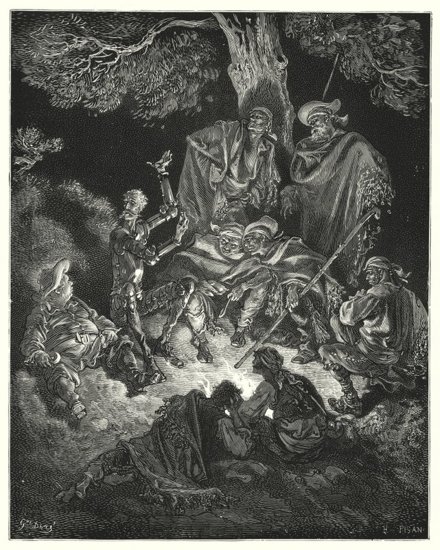 古斯塔夫·多尔 (Gustave Dore) 的《唐吉诃德》：“哦，快乐的时代，”他喊道，“我们的始祖称之为黄金时代！” （雕刻） 作者 古斯塔夫·多尔（Gustave Dore）