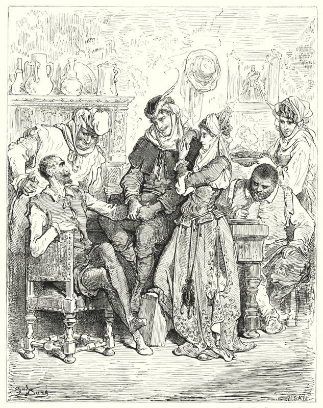 古斯塔夫·多尔 (Gustave Dore) 的《堂吉诃德》：“桑乔和他的主人与年轻夫妇逗留了三天，像王子一样受到款待”（版画） 作者 古斯塔夫·多尔（Gustave Dore）