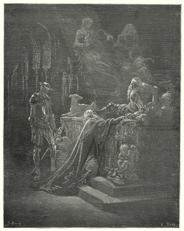 古斯塔夫·多尔 (Gustave Dore) 的《堂吉诃德》：“可敬的蒙特西诺斯跪在受苦的骑士面前”（版画） 作者 古斯塔夫·多尔（Gustave Dore）