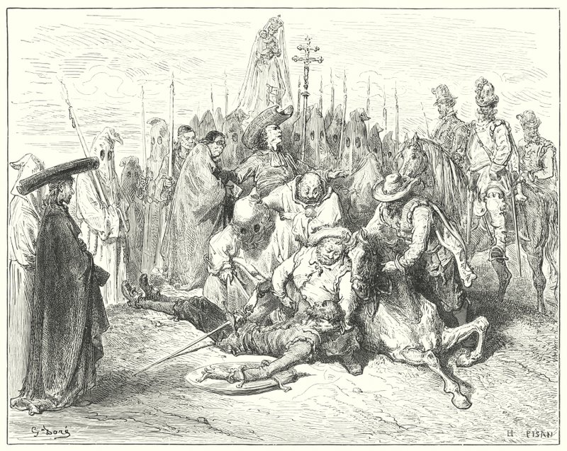 古斯塔夫·多尔 (Gustave Dore) 的唐吉诃德 (Don Quixote)：“乡绅声音中带着可悲的口音，终于把唐吉诃德称为他自己”（版画） 作者 古斯塔夫·多尔（Gustave Dore）