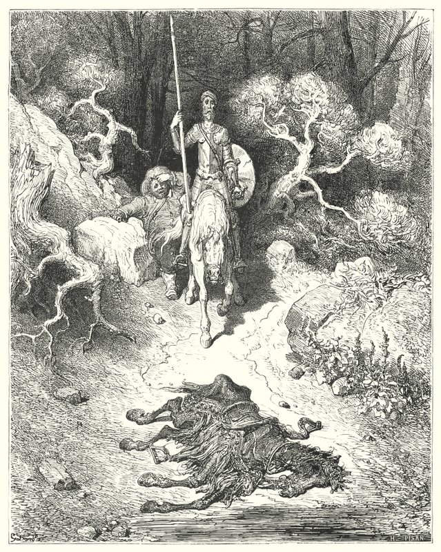 古斯塔夫·多尔 (Gustave Dore) 的《唐吉诃德》：“他们来到公园，发现一头死骡子”（版画） 作者 古斯塔夫·多尔（Gustave Dore）