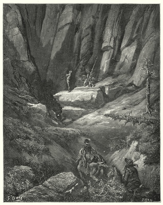 古斯塔夫·多尔 (Gustave Dore) 的《唐吉诃德》：“他们走了大约四分之三的里格，然后在岩石中发现了唐吉诃德，他此时已经穿上了衣服，但没有穿上盔甲”（雕刻） 作者 古斯塔夫·多尔（Gustave Dore）