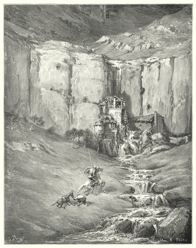 古斯塔夫·多尔 (Gustave Dore) 的《唐吉诃德》：“当他们走近时，即使是耐心的罗齐南特本人也听到可怕的声音”（雕刻） 作者 古斯塔夫·多尔（Gustave Dore）