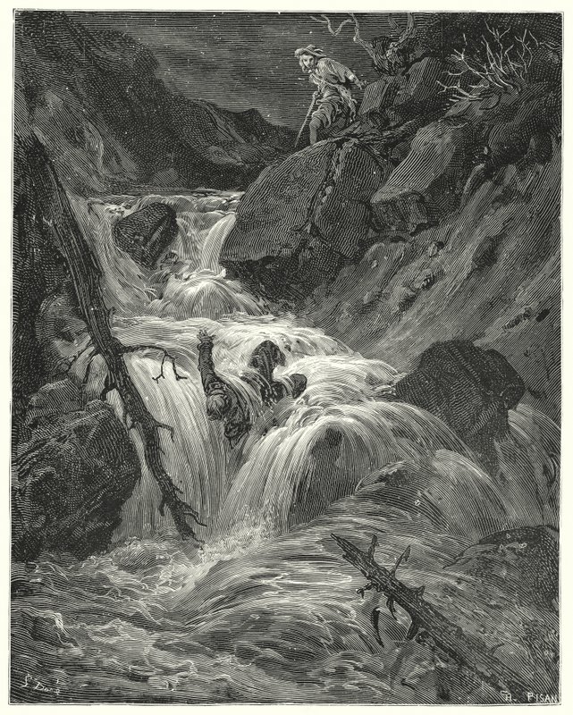 古斯塔夫·多尔 (Gustave Dore) 的《唐吉诃德》：“我用一点力气把他推下悬崖，然后离开了他”（雕刻） 作者 古斯塔夫·多尔（Gustave Dore）